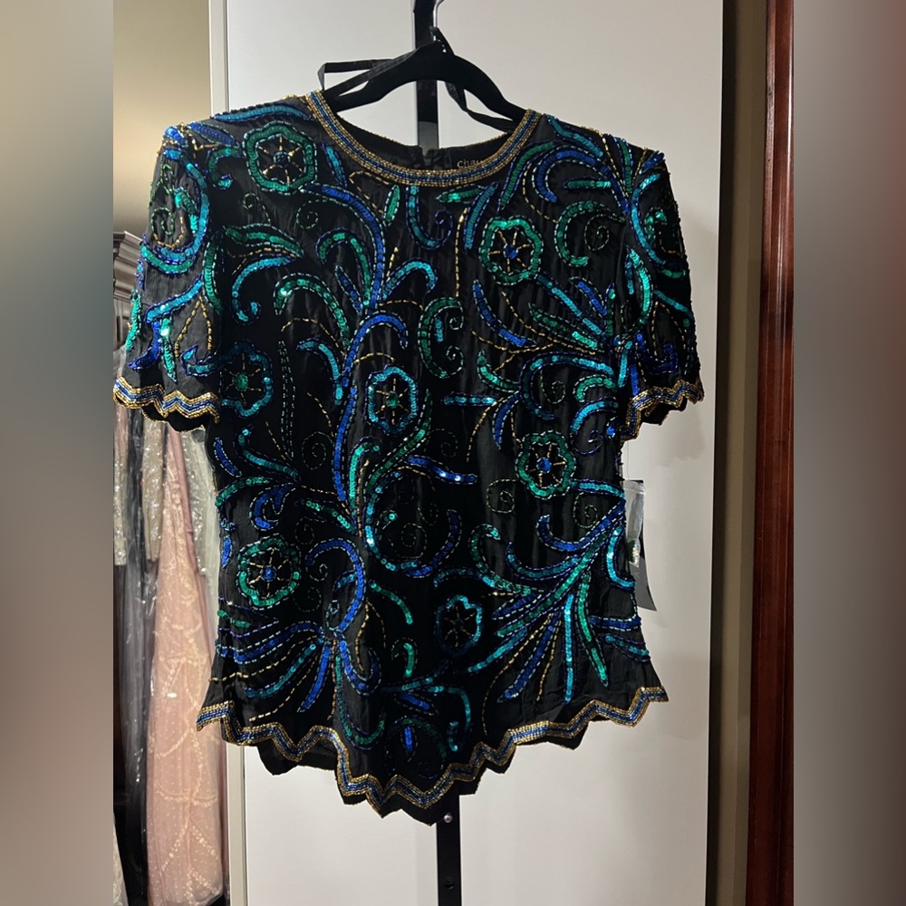 NWT- Chaudry silk black , blue and teal sequins short sleeves blouse in size M